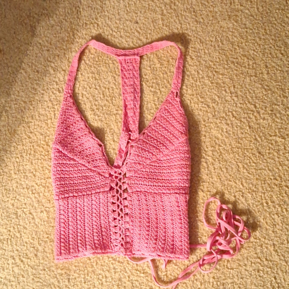 American Eagle pink cropped crochet halter lace up back top barely worn